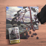Jigsaw puzzle with a scenic design on a wooden surface, featuring a completed section and missing pieces.