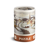  cylindrical puzzle box with winter scene design on a white background