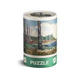  cylindrical puzzle box with a scenic illustration on a white background