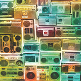 Multicolored retro boomboxes arranged in a pattern
