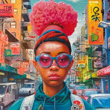 Jigsaw puzzle of a person with colorful hair and sunglasses in a vibrant city street setting