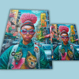 Two puzzle pieces featuring a colorful illustration of a person with pink hair and sunglasses, set against a cityscape background.