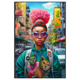 Colorful urban scene with a person wearing sunglasses and a backpack, with a cityscape in the background.