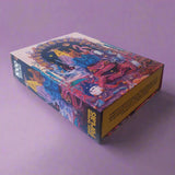 Colorful jigsaw puzzle box with artistic design on a purple background