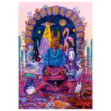 Colorful illustration with various characters and symbols in a fantasy setting