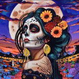 Artistic depiction of a figure with a colorful background, featuring flowers and a moon.