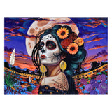 Artistic depiction of a woman with a sugar skull makeup against a colorful desert landscape with a moon.