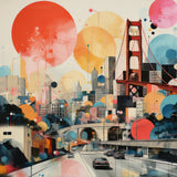 Colorful abstract cityscape with a bridge and buildings