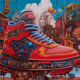 Colorful puzzle with a red shoe design against a detailed background