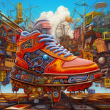 Colorful shoe with intricate design in a chaotic urban setting