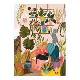 Illustration of cats and plants in a cozy indoor setting