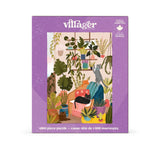 Villager puzzle box with illustration of a room with plants and cats on a purple background