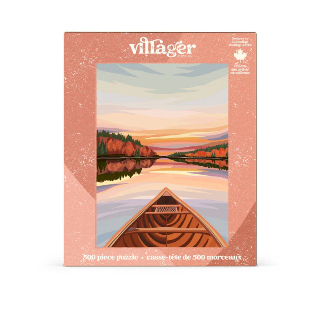 Villager puzzle box with a scenic illustration of a lake and canoe on a white background