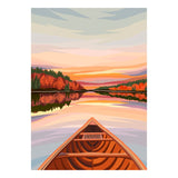 Artistic depiction of a canoe on a lake with a sunset over trees