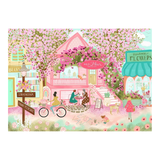 Illustration of a quaint town with a pink house, people, and flowers.