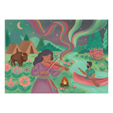 Illustration of a woman playing violin by a river with a man in a canoe, under a starry sky with aurora borealis.