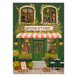 Illustration of a quaint bookstore with a green facade, pink flowers, and a striped awning.