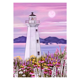 Lighthouse surrounded by flowers with a pink and purple sky