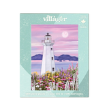 Villager 1000 piece puzzle packaging with a lighthouse and floral design on a light blue background.