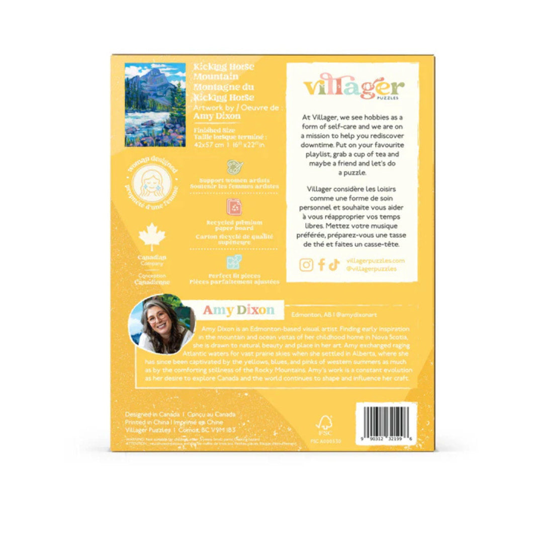 Back cover of puzzle packaging with text and a photo of a woman on a yellow background