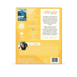 Back cover of puzzle packaging with text and a photo of a woman on a yellow background