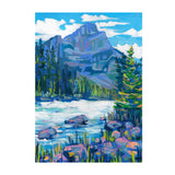 Painting of a mountain landscape with a lake and trees