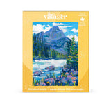 Villager puzzle box with mountain and lake illustration on a white background