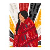 An illustration of a woman wearing a red patterned shawl on a yellow background