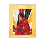Villager puzzle box with an illustration of a woman wearing a red patterned shawl on a yellow background
