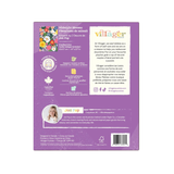 Village paper product packaging with branding and product details on a purple background