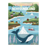 Illustration of Newfoundland with a whale, houses, and a lighthouse.