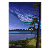 Camping scene with a tent under a starry night sky over a lake