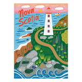 Illustration of a lighthouse in Nova Scotia with colorful scenery.