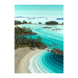 Scenic painting of a beach with turquoise water and green trees.