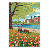 Illustration of a park scene with people sitting on a bench, flowers, and buildings in the background.