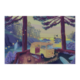 Illustration of a yellow camper van in a forest with a lake in the background