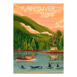 Vintage-style poster of Vancouver Island with a lake, boat, and mountains.