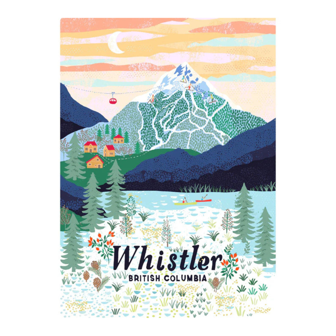 Illustrated puzzle image of Whistler, British Columbia with mountains and lake.