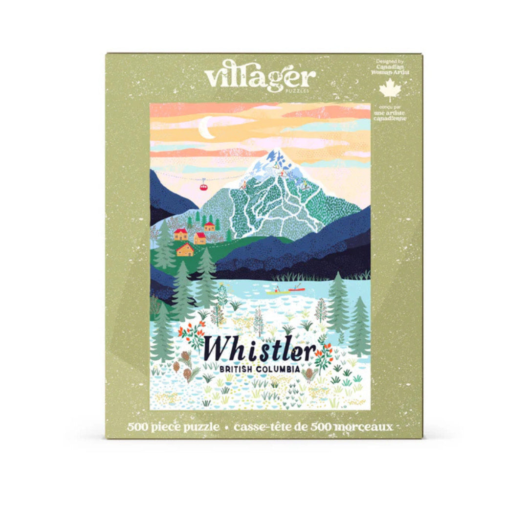 Illustrated puzzle  box of Whistler, British Columbia with mountains and lake.