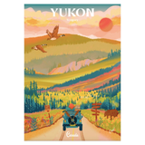 Colorful illustration of a scenic Yukon landscape with mountains, trees, and wildlife.
