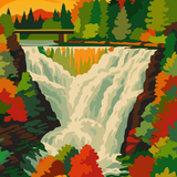 A stylized landscape artwork showing a large waterfall cascading between rocky cliffs, surrounded by dense green trees and bright autumn foliage in red, orange, and yellow.