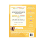 The back cover of a yellow and orange book or booklet titled 'Support women artists, one piece at a time' by Ivana & Anna, featuring text, logos, a small photo, and a barcode on a white background.