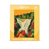 Villager 1000-piece jigsaw puzzle box featuring a colorful illustrated waterfall landscape with autumn trees on a yellow background.
