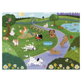 Illustration of dogs playing in a park with a city skyline in the background
