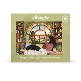 Villager 1000-piece jigsaw puzzle box featuring an illustrated cozy scene of a woman reading by a window with a black cat on a bed, surrounded by bookshelves and greenery.