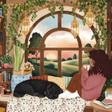 A cozy illustrated bedroom scene with a woman sitting by a large arched window, reading a book, with a black dog sleeping on a floral bedspread. Green vines hang around the window, string lights glow, and a bookshelf and plants are visible in the room.