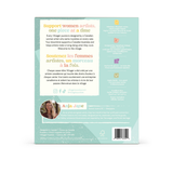 The back of a Villager 'Support women artists' educational puzzle box, featuring a mint green background with white text, product details, a small circular photo of the creator, and a barcode.