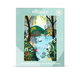 A 500-piece jigsaw puzzle box by Villager, featuring a colorful illustrated landscape with trees, water, boats, and green hills.