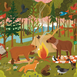A whimsical illustrated campsite scene in a forest with animals around a fire: a brown bear, a deer, a fox, a beaver, ducks, birds, trees, mountains, and a small tent. This is not a real photographed product shot, and the depicted scene itself appears to be the content, so Scenery fits better than Product/Packaging or Lifestyle.