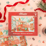 Villager puzzle box with Christmas-themed illustration on a pink background with puzzle pieces and decorations.